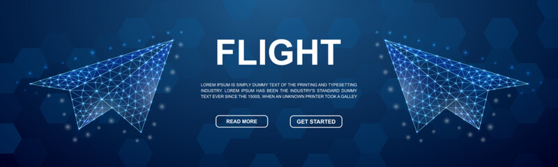Paper airplane polygonal symbol for promotion banner. Horizontal low poly poster illustration. Tourism airline design template illustration concept.