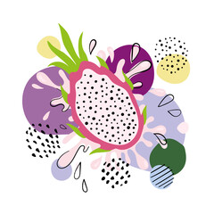 Tropical dragonfruits and pitaya juice splash. Hand drawn pitaya pattern on white background. for fabric, drawing labels, print, wallpaper of children's room, fruits background