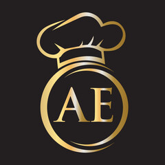 Initial Letter AE Restaurant Logo Template. Restaurant Logo Concept with Chef Hat Symbol Vector Sign
