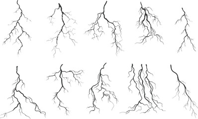 Lightning outline icons set, electric flash of power energy and thunderbolts vector illustration. Black thin line strikes of electricity with thunder and light effect in rain weather and thunderstorm