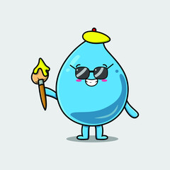 Cute cartoon character Water drop painter with hat and a brush to draw in cute design style design 