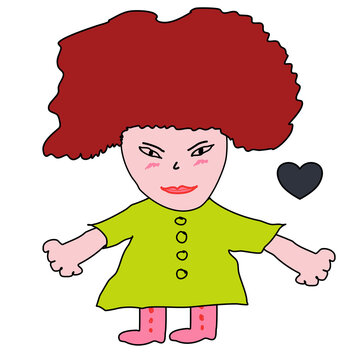 Lady with red hair wearing green dress in cartoon character,hand drawn,smiling with happy feeling