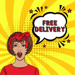 Comic book explosion with text Free delivery, vector illustration. Free delivery in comic pop art style. Comic advertising concept with Free delivery. Modern Web Banner Element