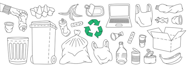 Set of garbage outline symbol. Plastic, glass, metal, paper, organic waste illustration. Problem globe pollution concept. Unsorted garbage line set - 518924107