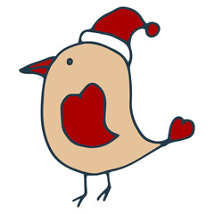 Hand drawn element of a bird with warm clothes. Doodle vector illustration winter bird