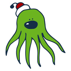 Green hand drawn element of a octopus . Doodle vector illustration green octopus with a hat
