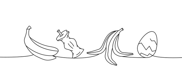 Set of organic trash one line continuous drawing. Peel of banana, apple stub, egg shell continuous one line set illustration.