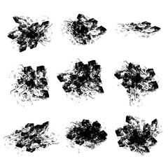 Set of 9 abstract hand-drawn grungy textured black stains with splashes and drops isolated on white background. Collection of graphic design round dry brush stroke elements. Paintbrush imprints pack.