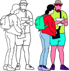 Happy tourist couple enjoying their summer vacation getaway together, Hand drawn illustration. Fictional character