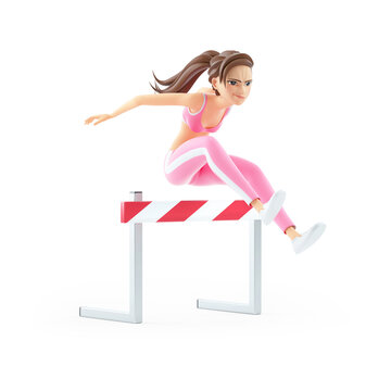 3d sporty woman jumping over hurdle