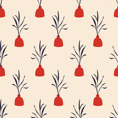 Floral minimal seamless pattern. Modern art aesthetic vases and plants