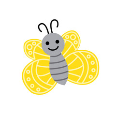 Butterfly. Yellow jolly smiling butterfly. Flat, cartoon, isolated