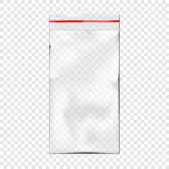 Clear PVC pouch with zip lock on transparent background vector mock-up. Blank empty zipper plastic bag realistic mockup