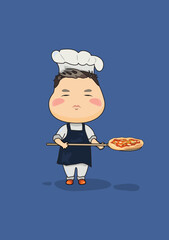 Postcard showing a little kawaii pizzaiolo with a pizza on a dark blue background