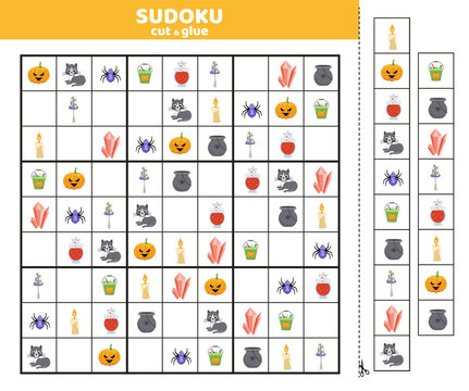 Halloween sudoku game with nine cartoon pictures for kids. Halloween sudoku. Cut and glue