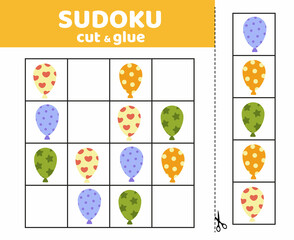 Sudoku for kids with balloons. Sudoku for kids. Cut and glue. Cartoon
