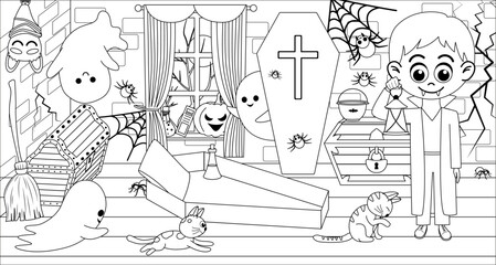 Vampire. Halloween. Coloring book. Coffin, ghost, cat. Black and white. Vector