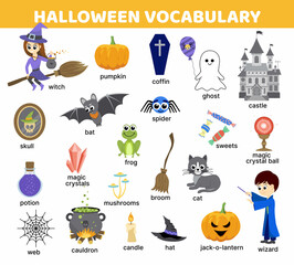 Halloween English words. Vocabulary. Flat, cartoon, vector