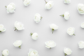Fresh white roses on light gray table background. Beautiful flower pattern. Closeup. Top down view.