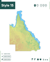 Queensland, Australia - map with shaded relief, land cover, rivers, lakes, mountains. Biome map.