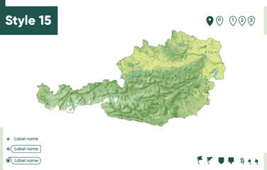 Austria - map with shaded relief, land cover, rivers, lakes, mountains. Biome map.