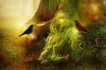 Magic forest with two birds, an old huge tree, grass and stars like magical fantasy fairy-tale...