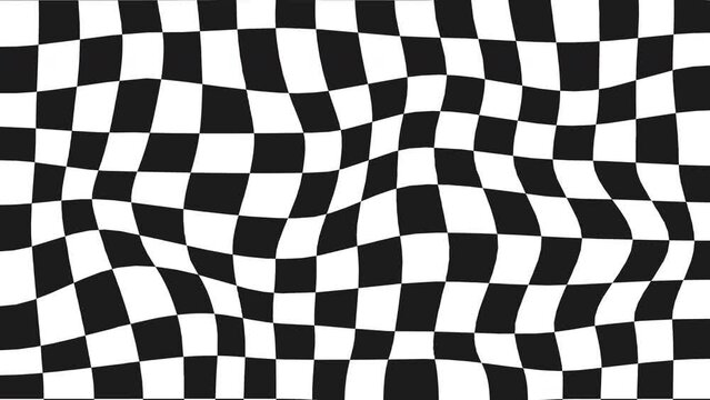 Black And White Checkers Distorted Background, Seamless Loop 4K Video. Black Checkered Backdrop Animation, Warped Effect Motion Graphics. Animated Pattern for Channels, Live Streams and Motion Design.