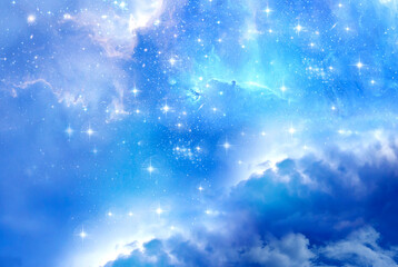 blue abstract mystic magical cosmic universe spiritual angelic background with stars, nebula, rays of light and clouds - obrazy, fototapety, plakaty