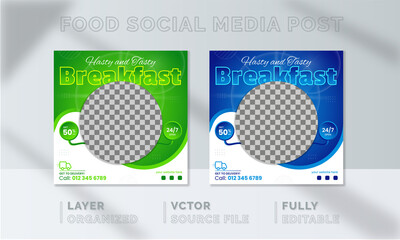 Breakfast healthy Food social media banner design, restaurant business marketing Instagram post template, squire web banner design, food online promotion flyer, poster ads, Sale cover. green vagetable