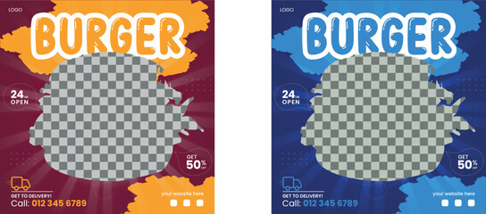 Fast Burger Food social media banner design, restaurant business marketing Instagram post template, squire web banner design, food online promotion flyer, poster ads, Sale cover. Pizza Pasta