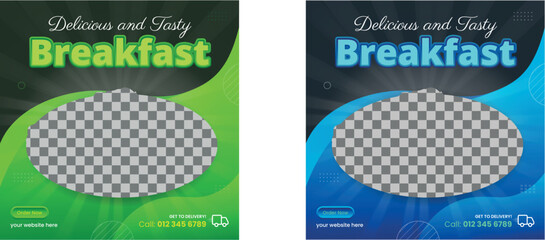 Breakfast healthy Food social media banner design, restaurant business marketing Instagram post template, squire web banner design, food online promotion flyer, poster ads, Sale cover. green vagetable