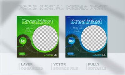Breakfast healthy Food social media banner design, restaurant business marketing Instagram post template, squire web banner design, food online promotion flyer, poster ads, Sale cover. green vagetable