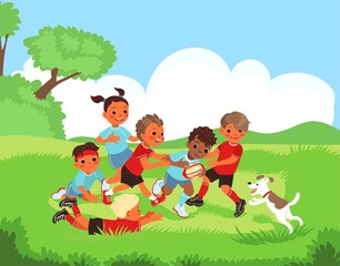 Obraz na płótnie Canvas Children outdoor sport. Kids playing rugby in park. Boys and girls having fun in nature. Young athletes with ball. Active game match. Happy players. Summer leisure. Splendid vector concept