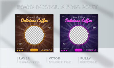 Hot Delicious Coffee Food social media banner design, restaurant business marketing Instagram post template, squire web banner design, food online promotion flyer, poster ads, Sale cover.
