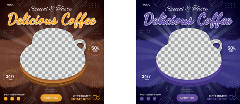 Hot Delicious Coffee Food social media banner design, restaurant business marketing Instagram post template, squire web banner design, food online promotion flyer, poster ads, Sale cover.
