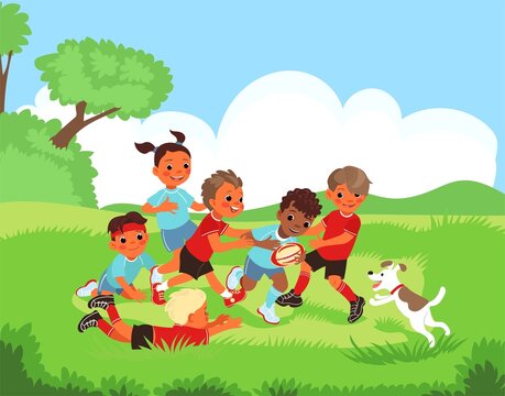 Children outdoor sport. Kids playing rugby in park. Boys and girls having fun in nature. Young athletes with ball. Active game match. Happy players. Summer leisure. Splendid vector concept
