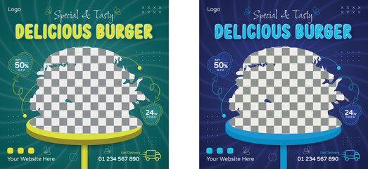Fast Burger Food social media banner design, restaurant business marketing Instagram post template, squire web banner design, food online promotion flyer, poster ads, Sale cover. Pizza Pasta