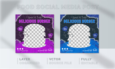 Fast Burger Food social media banner design, restaurant business marketing Instagram post template, squire web banner design, food online promotion flyer, poster ads, Sale cover. Pizza Pasta