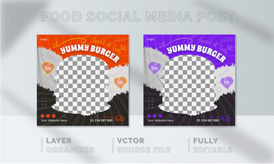 Fast Burger Food social media banner design, restaurant business marketing Instagram post template, squire web banner design, food online promotion flyer, poster ads, Sale cover. Pizza Pasta