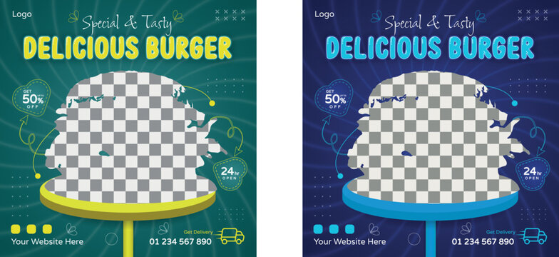 Fast Burger Food social media banner design, restaurant business marketing Instagram post template, squire web banner design, food online promotion flyer, poster ads, Sale cover. Pizza Pasta