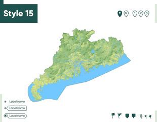 Obraz premium Guangdong, China - map with shaded relief, land cover, rivers, lakes, mountains. Biome map.