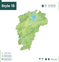 Jiangxi, China - map with shaded relief, land cover, rivers, lakes, mountains. Biome map.