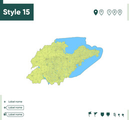 Shandong, China - map with shaded relief, land cover, rivers, lakes, mountains. Biome map.