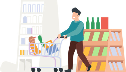 Obraz na płótnie Canvas Man in store with supermarket cart. Guy shopping