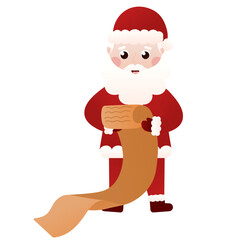 Santa Claus character holding paper scroll in cartoon style on white background, christmas clip art for poster design