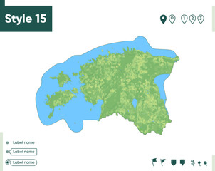 Obraz premium Estonia - map with shaded relief, land cover, rivers, lakes, mountains. Biome map.