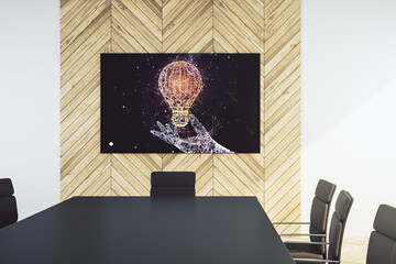 Creative idea concept with light bulb illustration on presentation screen in a modern conference room. 3D Rendering