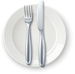 Realistic cutlery on plate. Finished meal waiter signal