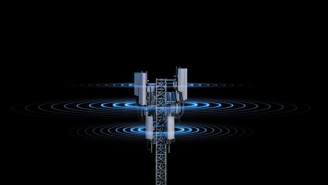 3D Rendering of mobile phone signal repeater station tower with abstract data transmission circular waves on dark background. For telecommunication industry, 4g 5g mobile data.