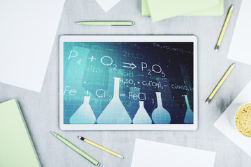 Creative chemistry concept on modern digital tablet screen. Top view. 3D Rendering